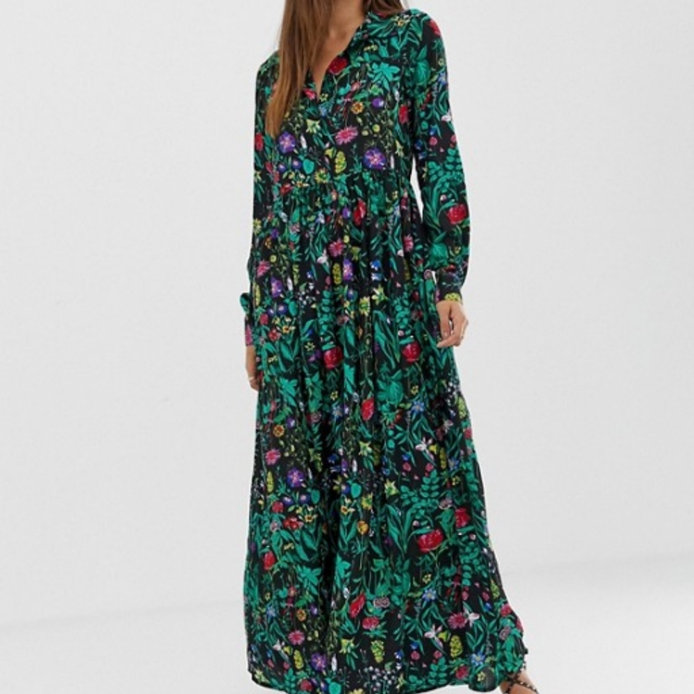 Tropical Floral Leaf Print Maxi Dress Green Black